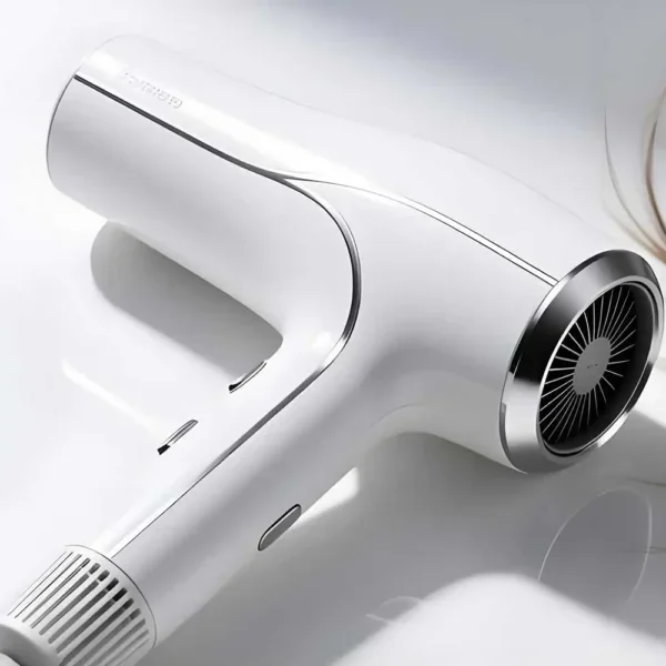 White hair dryer with sleek metal housing detail