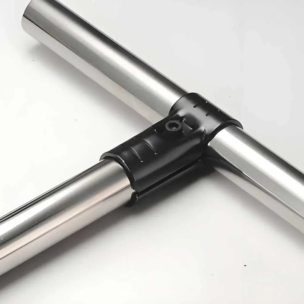 Stainless steel rack tubes joined with a black connector