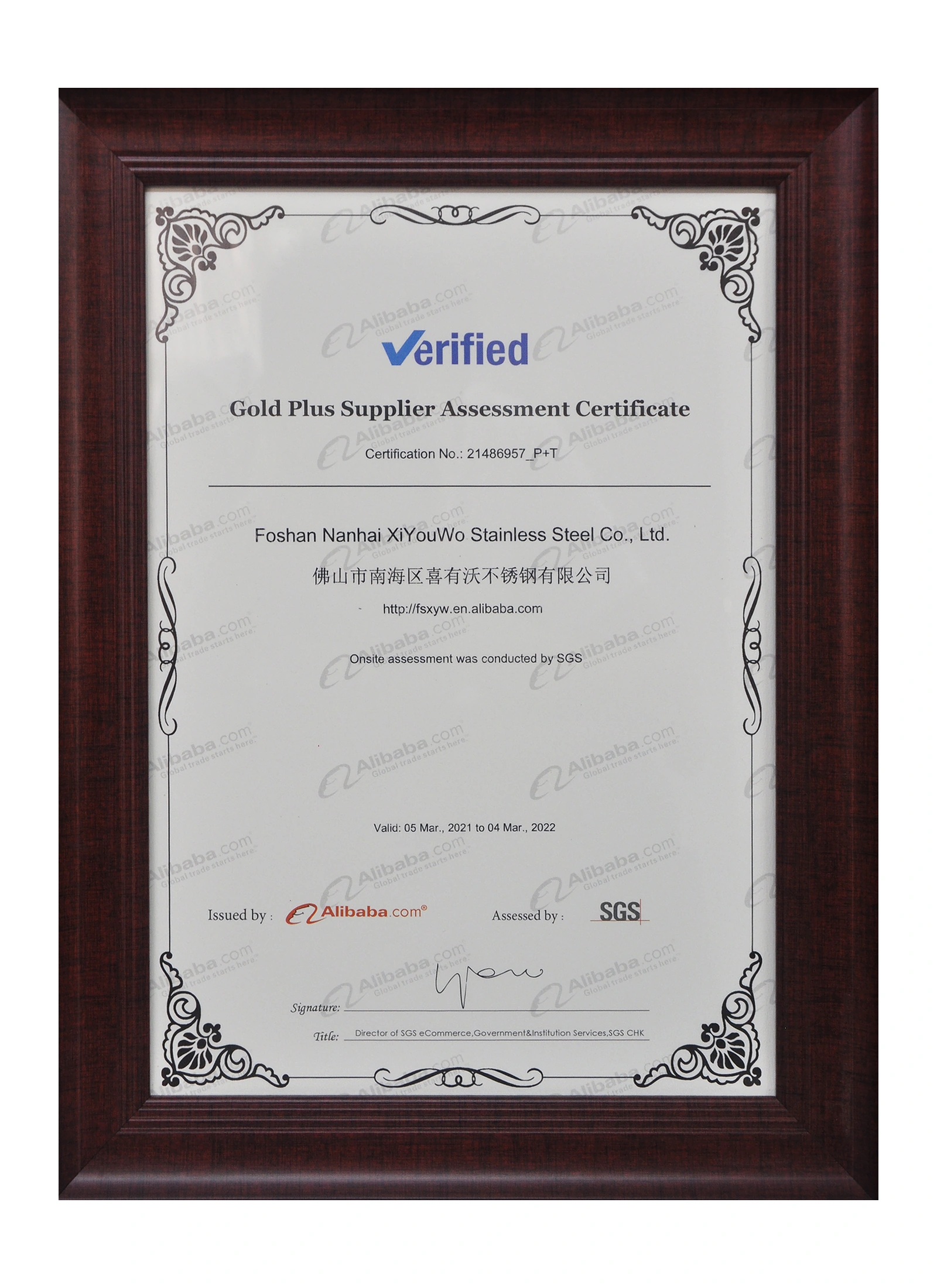 Gold Plus Supplier Assessment Certificate showing an onsite SGS assessment.