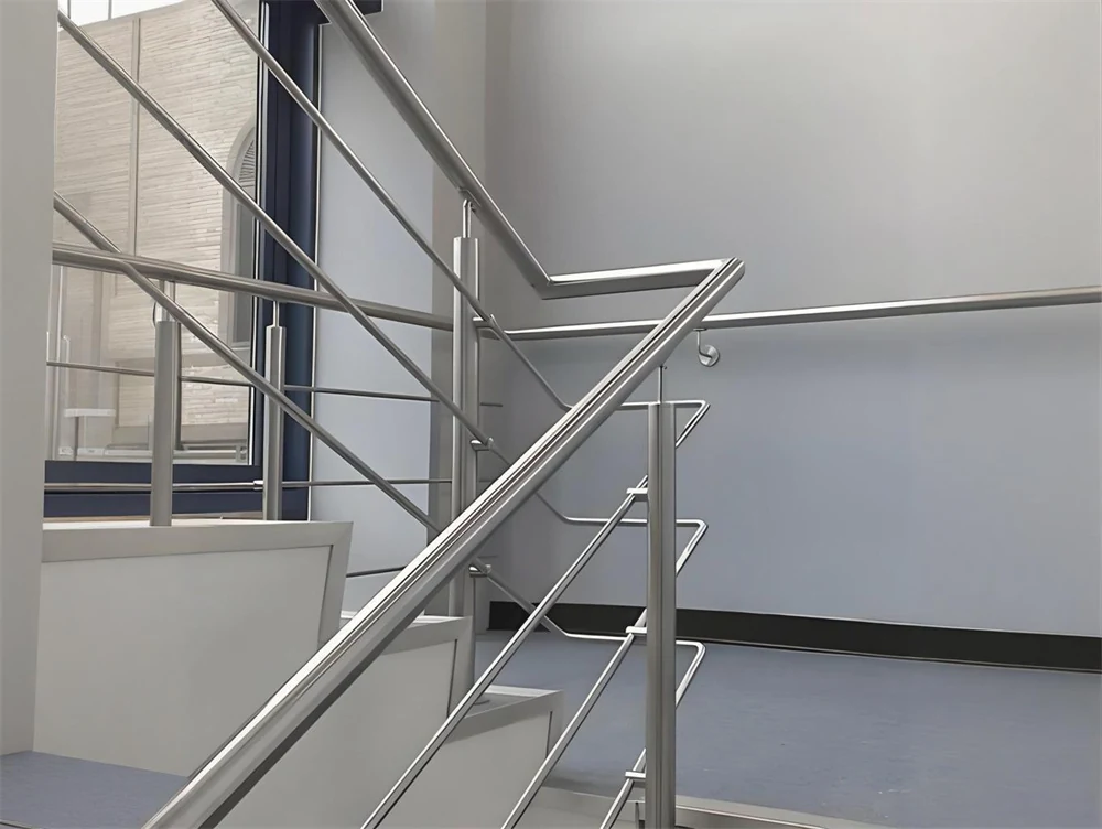 Stainless steel handrail on an indoor staircase